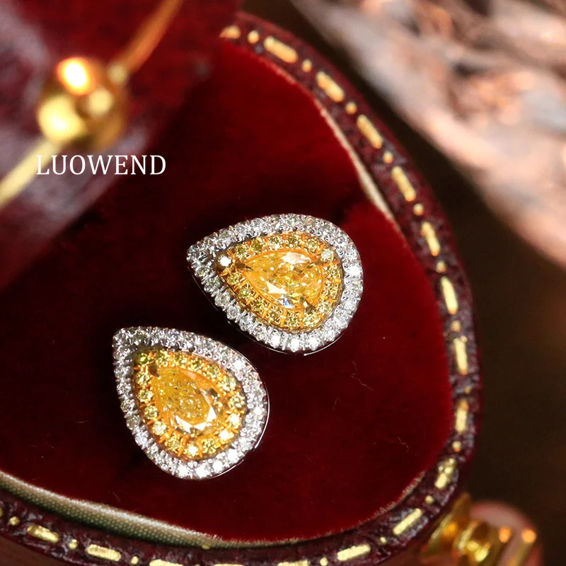 

LUOWEND 100% 18K White Gold Earrings Classic Design Real Natural Yellow Diamond Stud Earrings for Women High Wedding Jewelry