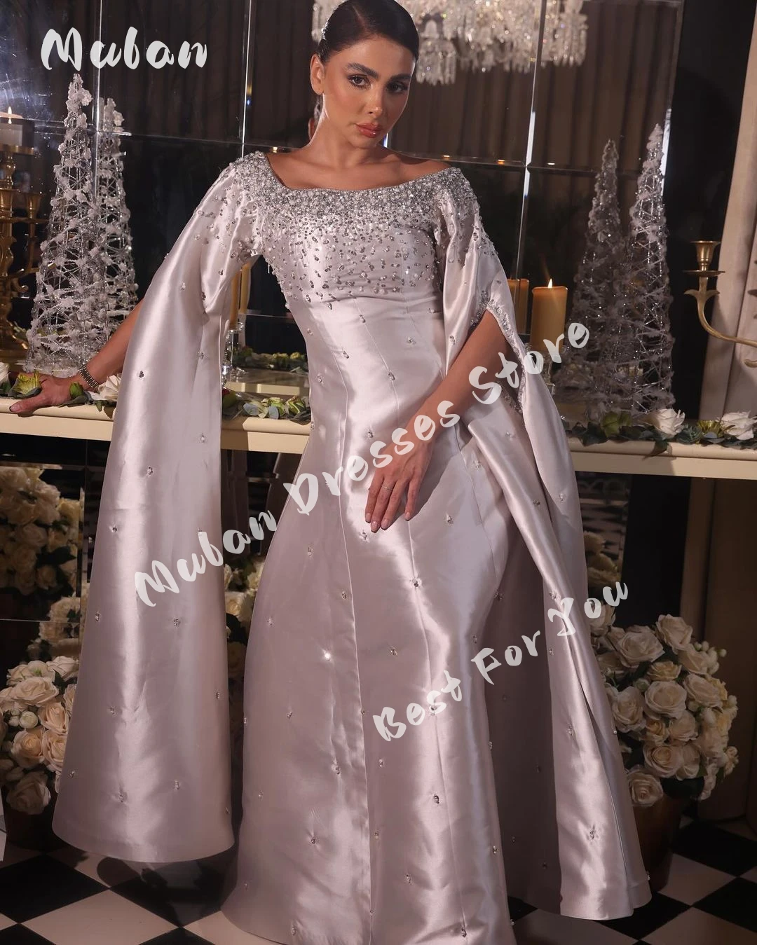 

Beaded Sequined Long Sleeves A-line Satin Prom Dress Saudi Arabia Luxury Formal Wedding Party Evening Gowns Vestido De