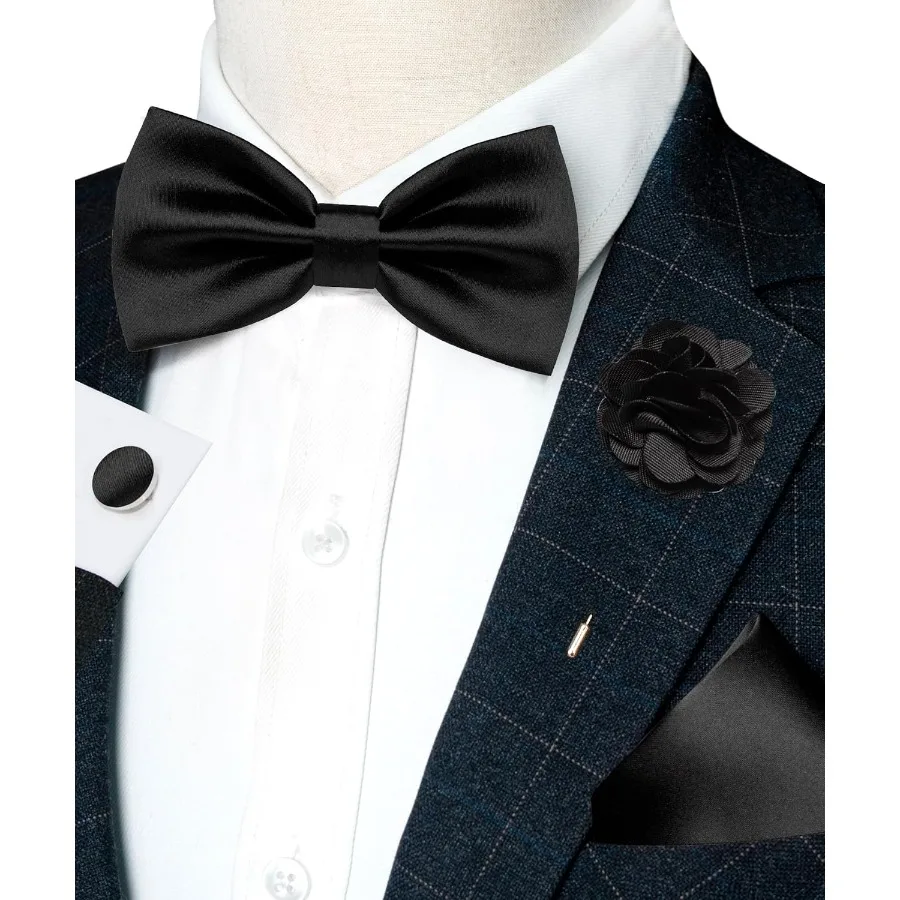 Elegant Solid Color Bow Tie and Pocket Square with Lapel Pin Cufflinks Set for Formal Events Business Meetings and Wedding Atti