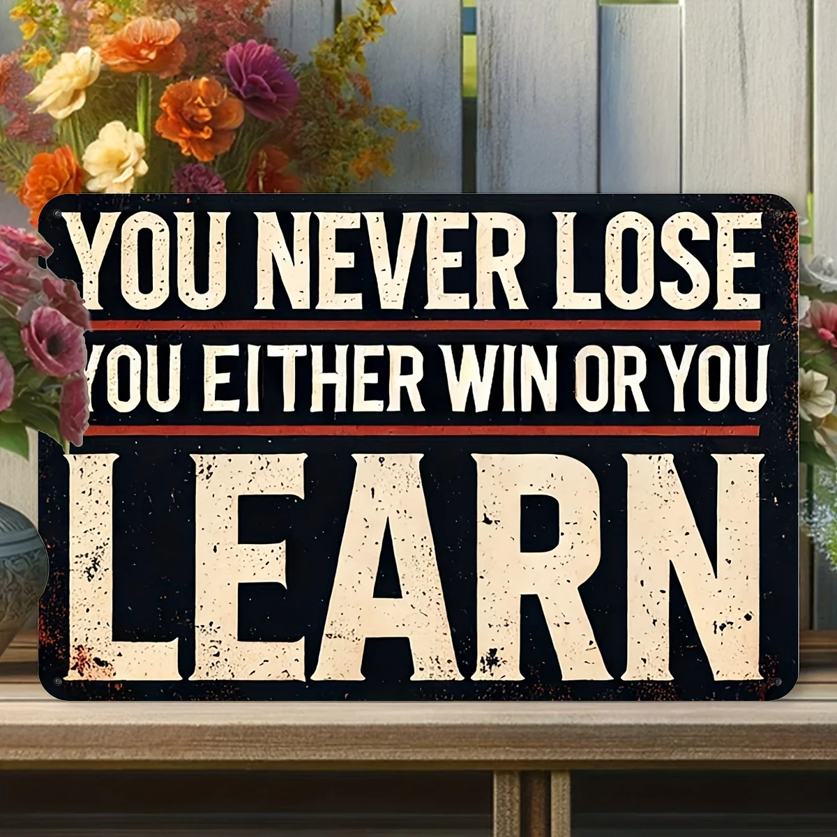 Motivational Gym Sign "You Never Lost, You Either Win or Learn" - Vintage Metal Wall Decor, , Rustic Iron Plaque for Man Cave, H