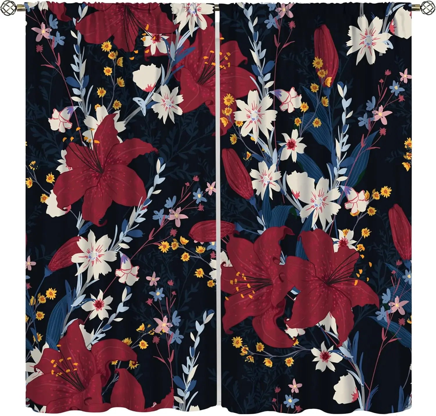 Boho Floral Curtains, Vintage Red Beautiful Flowers Hand Painted Art Aesthetic Rustic Style Print Rod Pocket Window Treatments