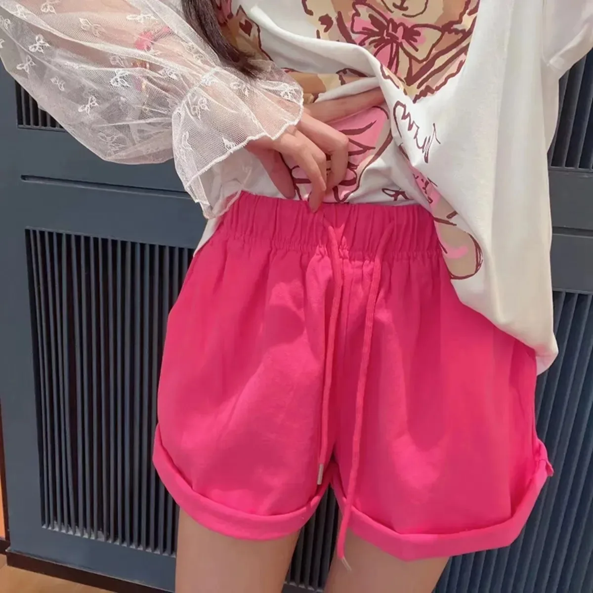 Girls pure cotton Bolaraxia new bright elastic waist versatile wide legs wear casual fashion cute shorts