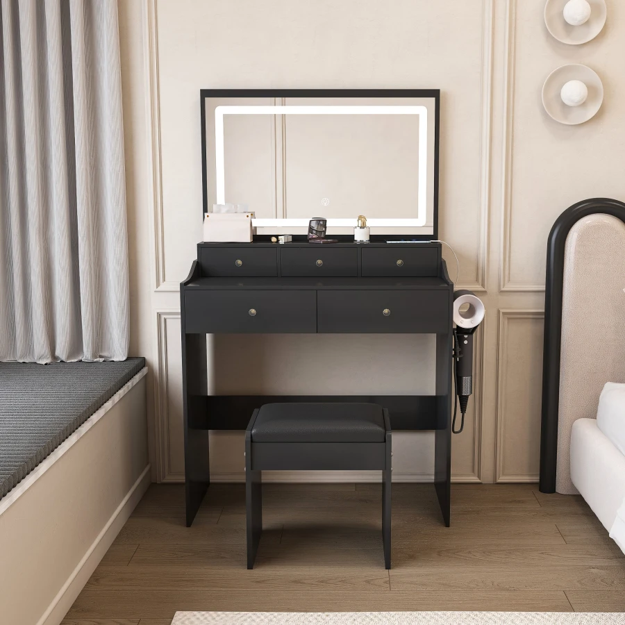 New Large Mirror Vanity Desk for Bed room, Modern Makeup Vanity Set with Power Outlet and Hair dryer holder, 5 Drawers, 3 Light