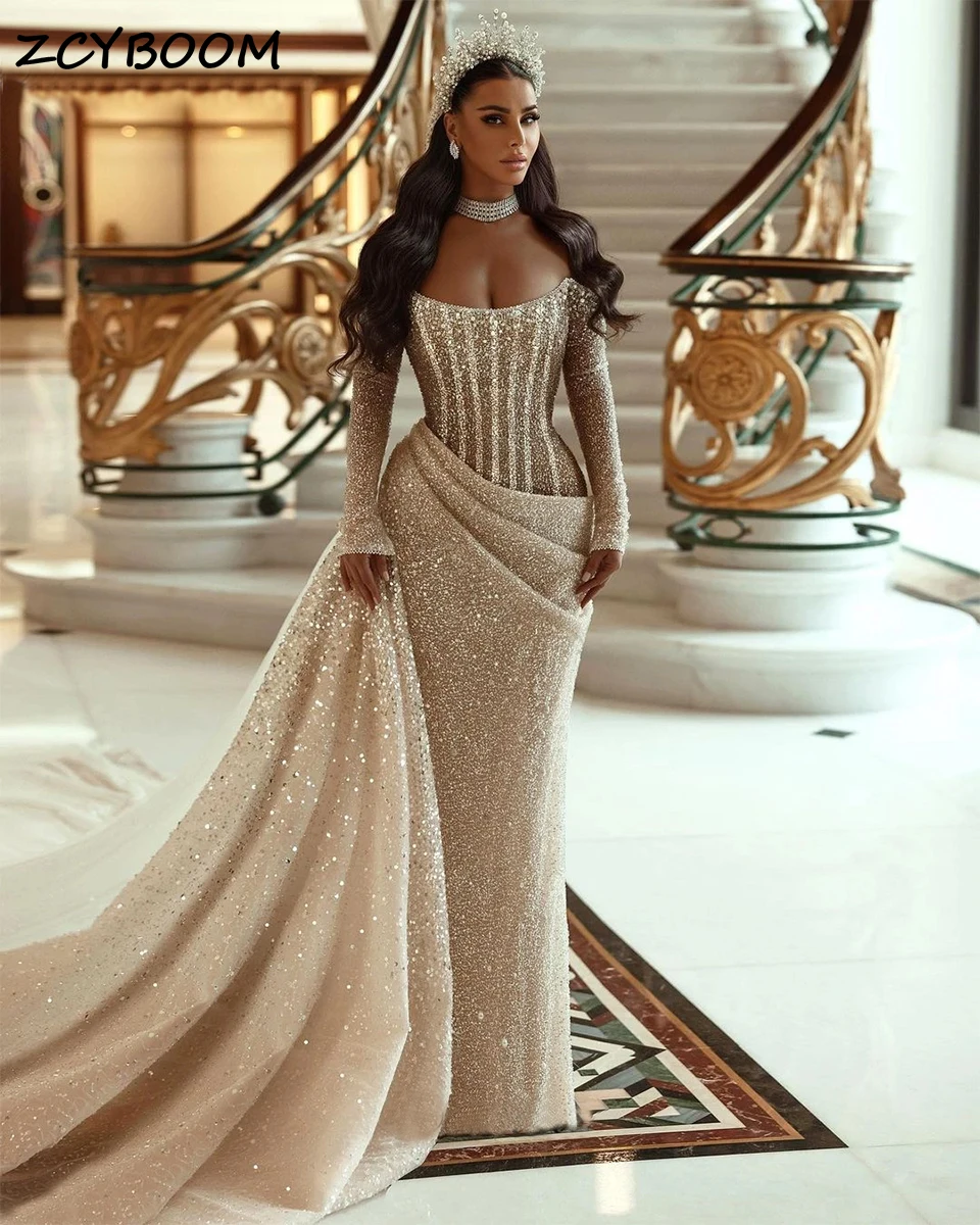 Saudi Dubai Glitter Mermaid Off Shoulder Formal Evening Dress 2025 Long Sleeves Sparkly Sequin Women Celebration Party Prom Gown