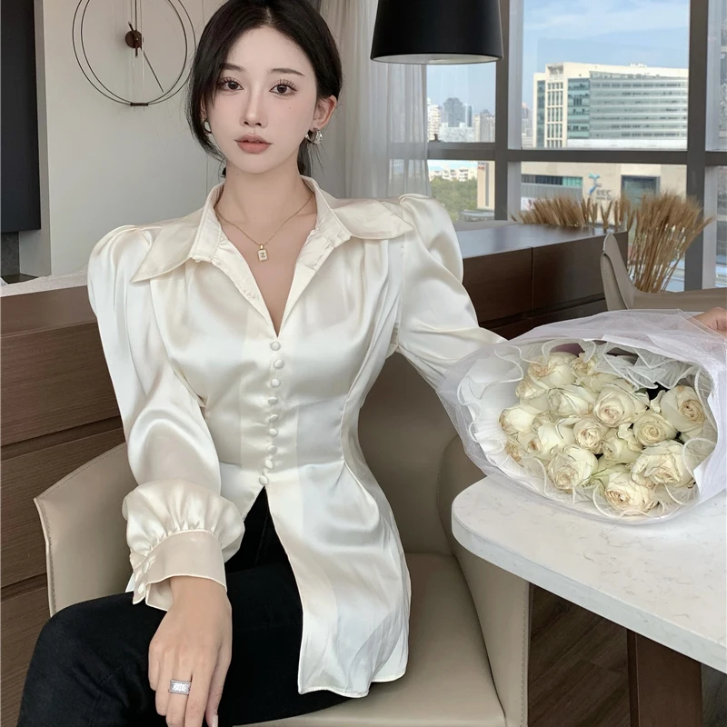 French Elegant Satin Shirts Women Spring Autumn New Slit Single Breasted Bubble Sleeve Bandage Blouses or Tops for Woman