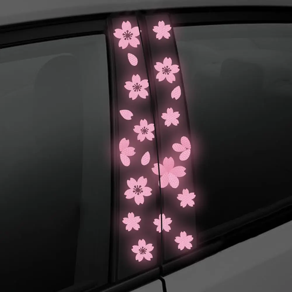 Car B-Pillar Night Reflective Sakura Cherry Blossoms Decal, Waterproof Self Adhesive Pink Vinyl DIY Car Sticker Decor