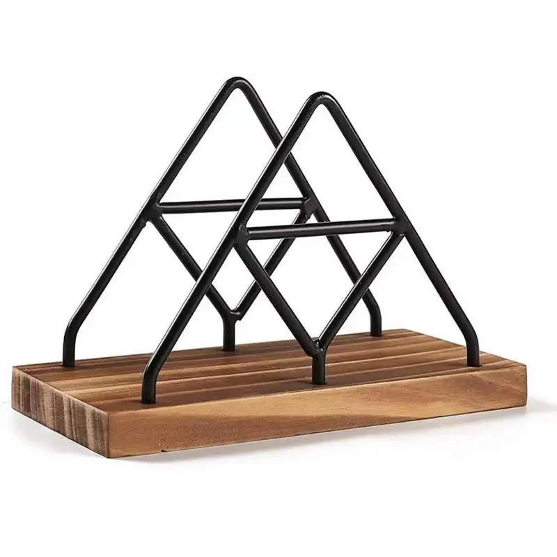 Suporte De Mesa De Armazenamento De Guardanapo De Madeira, Fio De Metal, Dispensador De Papel Autoportante, Suportes De Mesa Em Pé