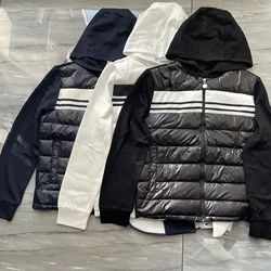 Men winter knitted patchwork down jacket Hooded White goose down filling Wool cotton blend Leisure coat Send dust collection bag