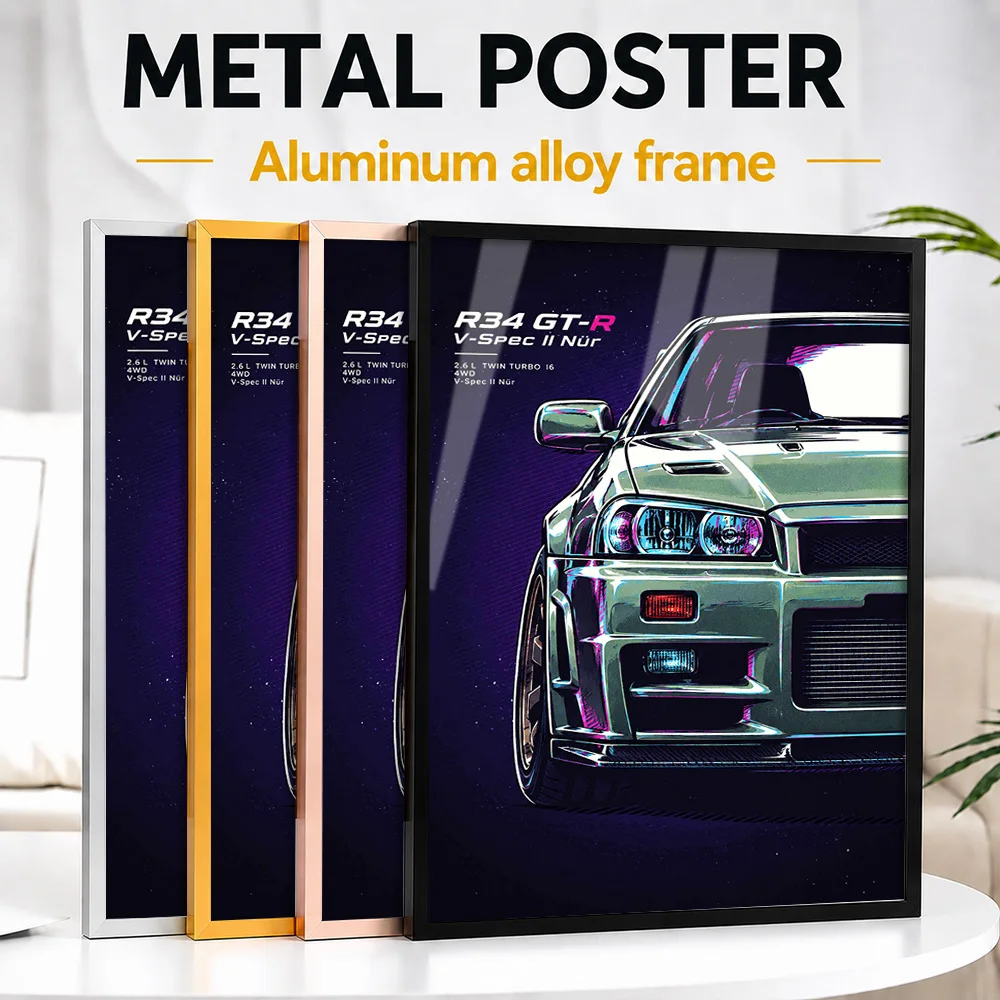 Japanese R34 GT-R V-Spec II Nür Millennium Jade Sports Car Framed Metal Poster Customized Track Performance Wall Art For Garage