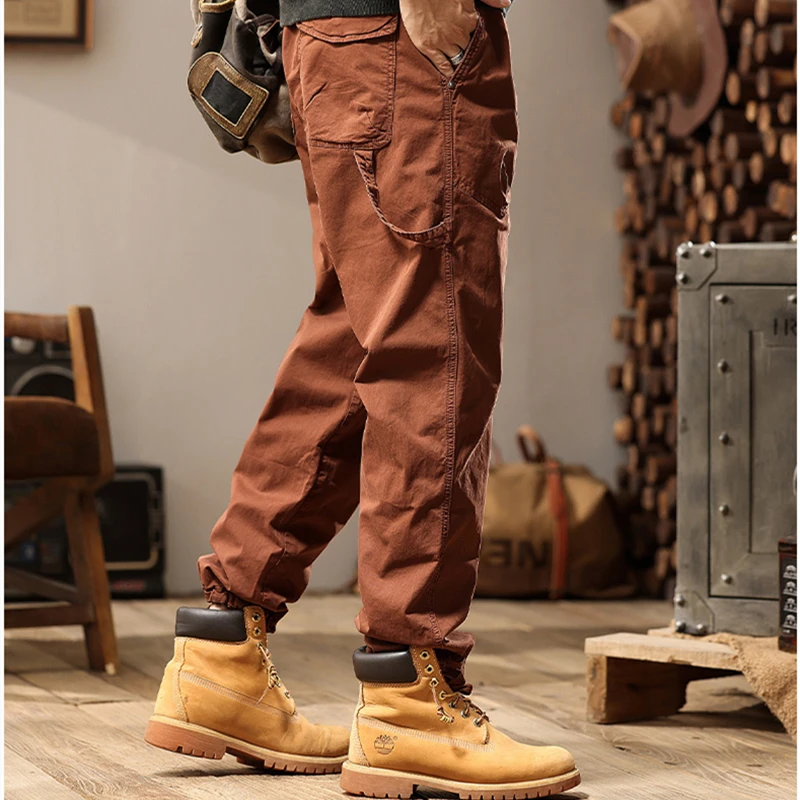 JAYSCE 2024 Spring Men\'s Casual Cargo Pants Fashionable Loose High Street Style Brown Trousers Micro Elastic Straight Leg Pants