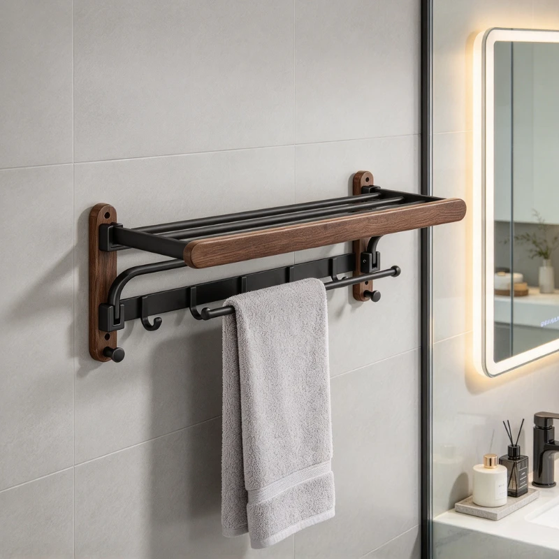 Bathroom Wall Mounted Shelf, 90° Folding Towel Rack, Ventilated Storage Hanger, No-Drill Moisture-Proof & Mildew-Proof for Home