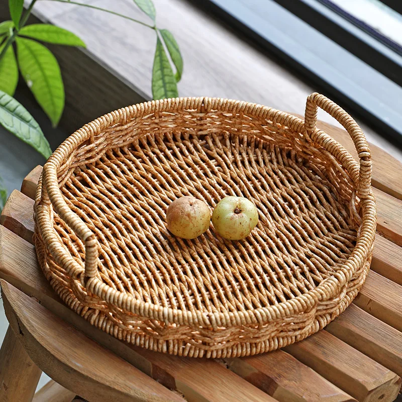 

Japanese fruit plate bread basket household two ear tray photo props rattan woven afternoon tea snack basket