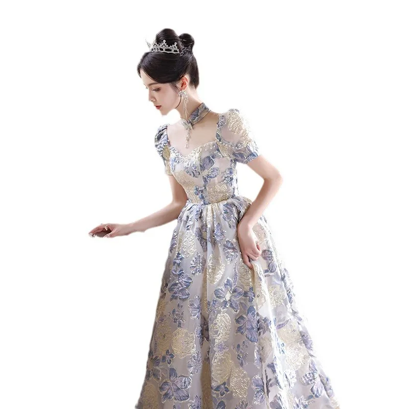 French Style Printed Evening Dress Princess Puff Sleeves High Neck Bow Birthday Party Gown Elegant Backless Lace Up Prom Vestido