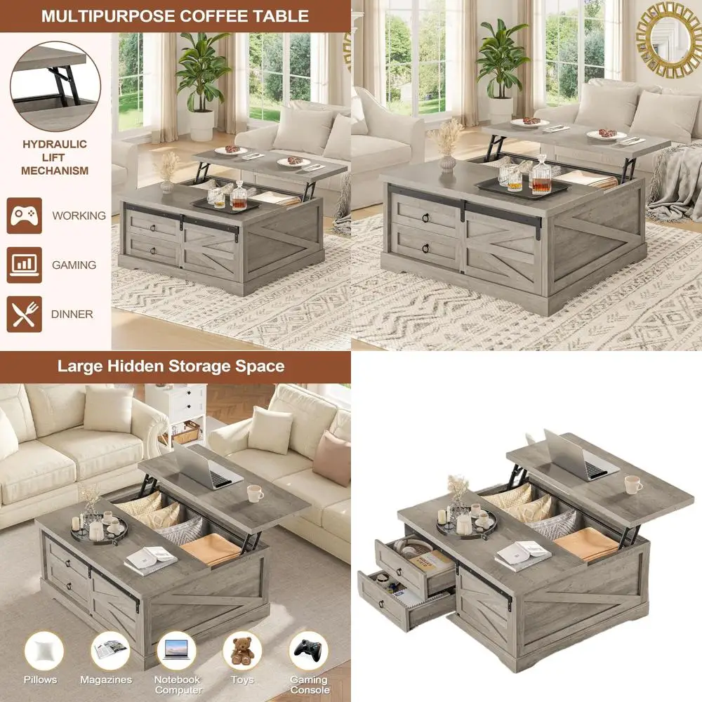 

Gray Square Lift-Top Coffee Table with Storage, Farmhouse Style, Large Hidden Compartment & 2 Drawers