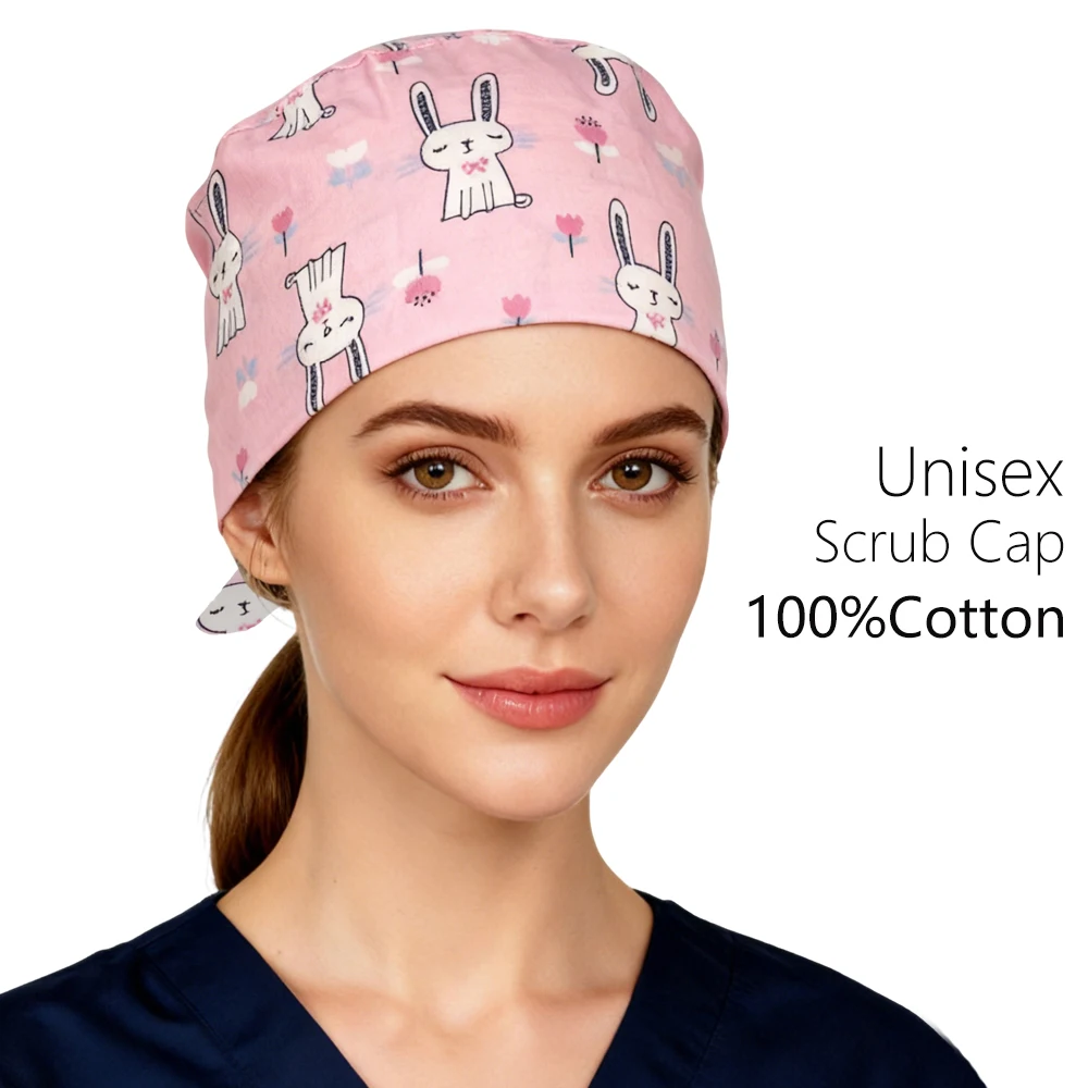 

New Soft Scrub Cap for Woman Man Rabbits Pattern 100%Cotton Hospital Dental Beautician Nursing Hat Anesthesia Operating Caps