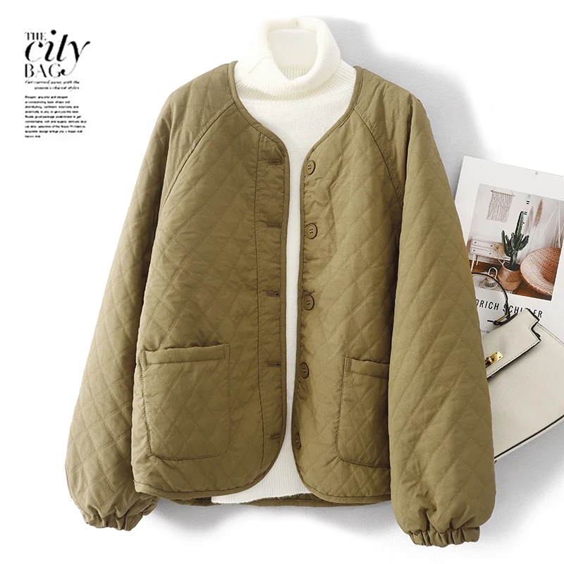 

Ele Bla Quilted Cotton Jaet Women's Autumn Winter Loose ort round Ne Insert Cotton Outerwear Lightweight