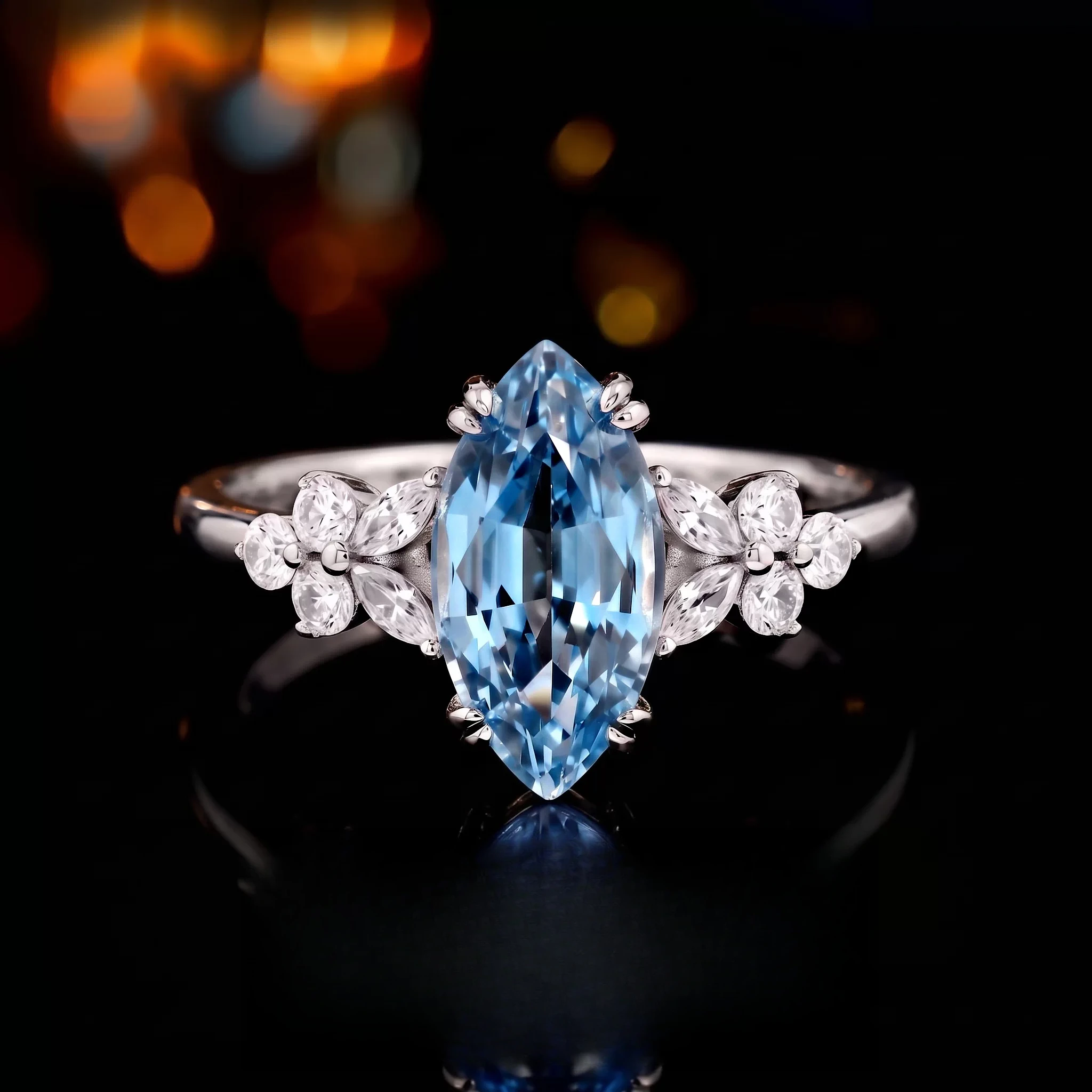 S925 Sterling Silver Ring for Women 6*12mm Marquise Cut Light Blue Lab Created Gemstone Side Zircon Flower Design WeddingJewelry