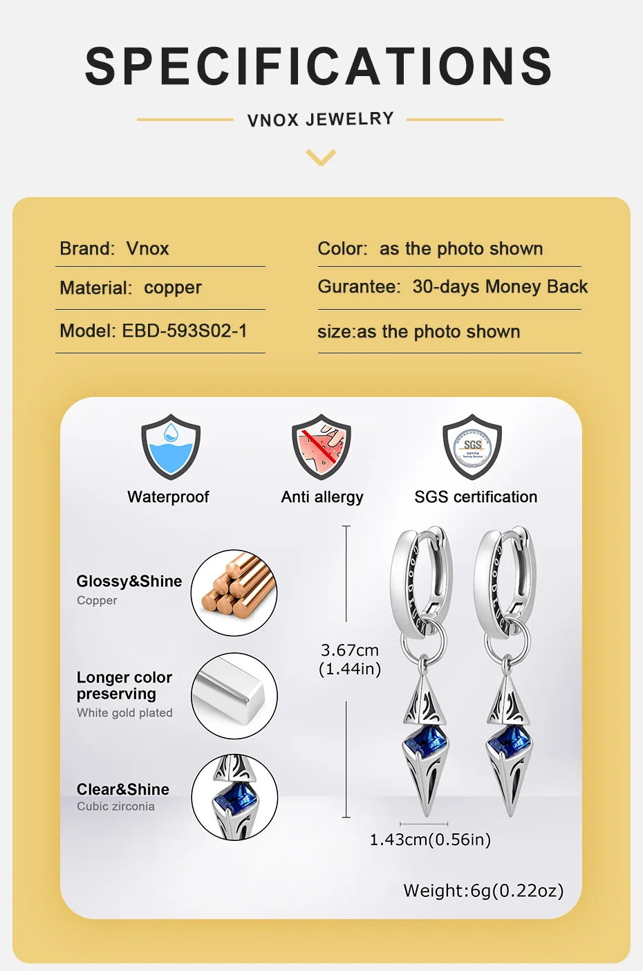 Vnox Herren Spike Dangle Huggie Hoop Ohrringe, Edelstahl Blauer Kristall Glücksbringer Kegel-Anhänger Ohrschmuck für Punk Männer Geschenk – Detail 4