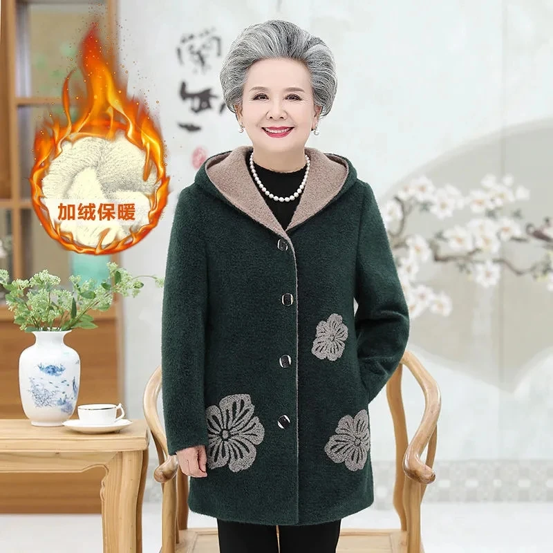 Women Winter Woolen Coat Female Hooded Windbreaker High Quality Sheep Shearing Jacket Grandma Winter Thicken Warm Outwear W1464