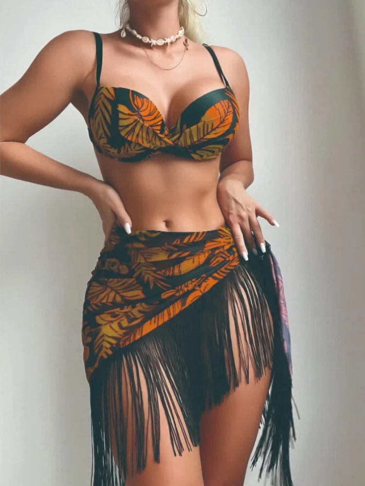 2025 3-Piece Printed Bikini Set with Fringe Matching Cover-Up Skirt Quick Dry & Chlorine Resistant Summer Vintage Holiday Sundre