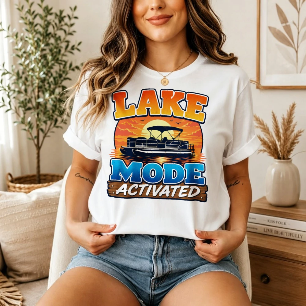 Lake Mode Activated Graphic T Shirt Vintage Sunset Pontoon Boat Print Short Sleeve Crew Neck Cotton Tees Loose Fit Casual