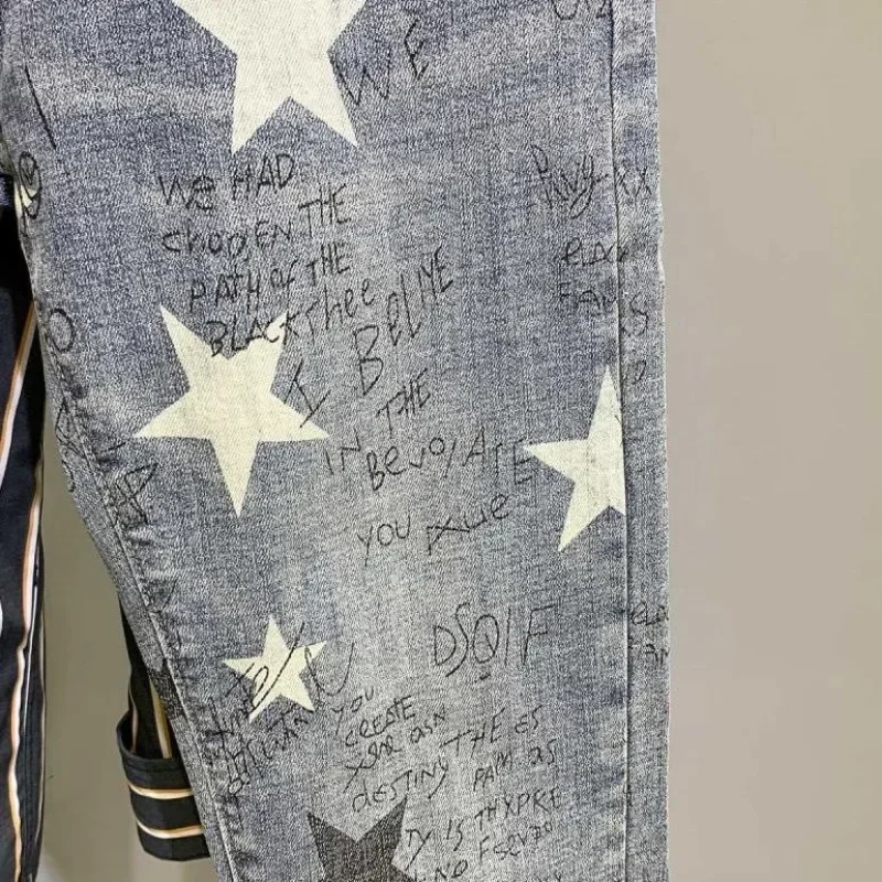 Pantalones elásticos de estrella para hombre, pantalones vaqueros con estampado, gráficos de Hip Hop elásticos, moda holgada de estilo coreano de talla grande 2024