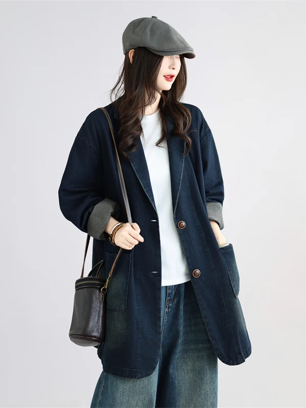Women's Loose Long Sleeve Denim Jacket Washed out Vintage Style Casual Wear Cotton 100% Comfortable Fit Autumn Fashion