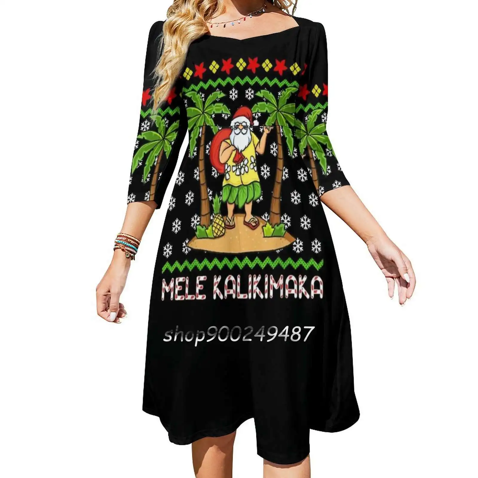 Mele Kalikamaka Hawaiian Christmas In July Hawaii Santa Gift Sweetheart Knot Flared Dress Fashion Design Large Size Loose Dress