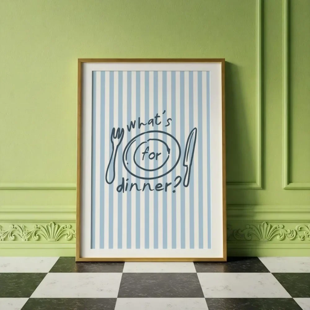 Whats for Dinner Print Vertical Striped Blue and White Foodie Hand Drawn Art Dining Room Decor Cute Vintage Cafe Poster