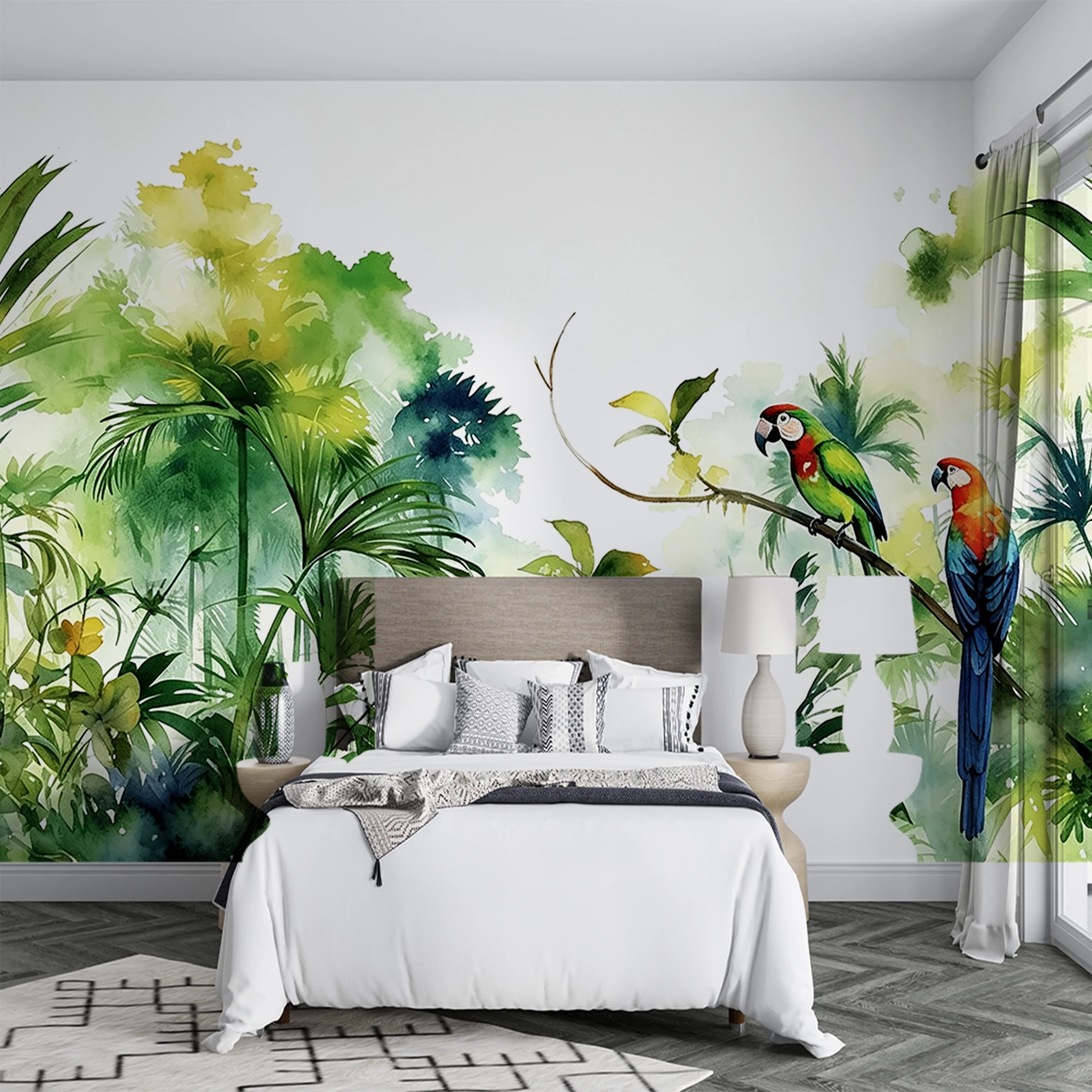 Customized 3D Tropical Jungle Wall Mural Watercolor Macaw Parrot Palm Leaf Wallpaper For Living Room  Bedroom  Home Wall Decor