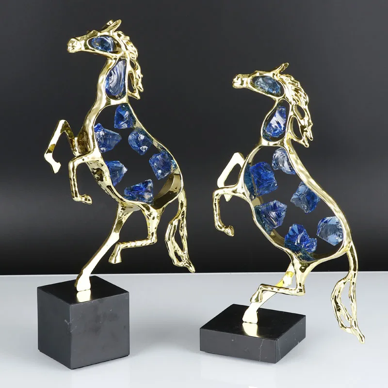 Metal Crafts Artificial Animal Sculpture Horse Golden Jewel Blue Crystal Cut-out Decorative Figurines Home Decoration