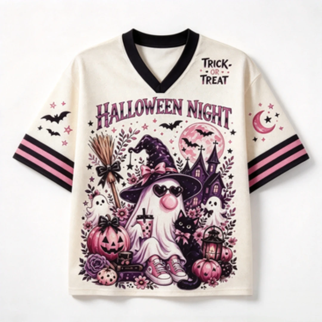 Sweet Halloween Cute Ghost Pumpkin Cat Castle No. 31 Printed V-neck Mesh No Sugar Trick Pink Pumpkin Bat Witch Broom Sports Top
