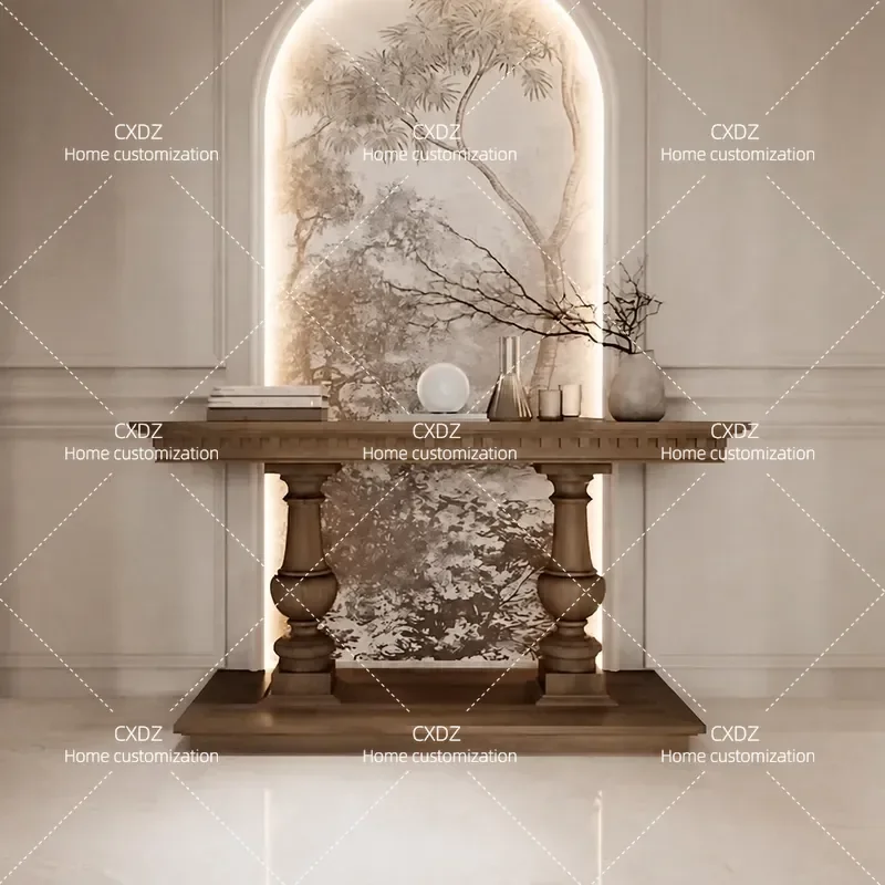Solid Wood Retro Entrance Table Carved Foyer Console for Corridor Aisle Wall Mounted Entryway Table Against the Door