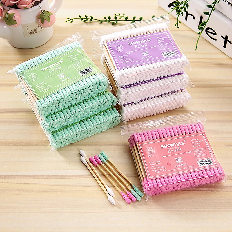 100Pcs Women Makeup Cotton Buds Tip Pack Double Head Cotton Swab For Medical Wood Sticks Nose Ears Cleaning Health Care Tools