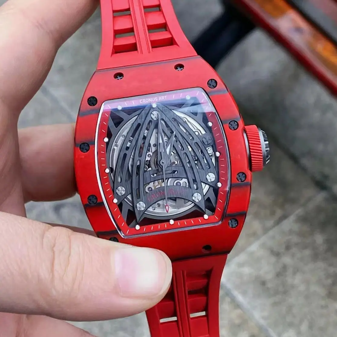 CRONUSART Men Automatic Watch Tonneau Mechanical Wristwatch Carbon Fiber Sapphire Mirror Luminous Apoll Dial FKM Strap SW200