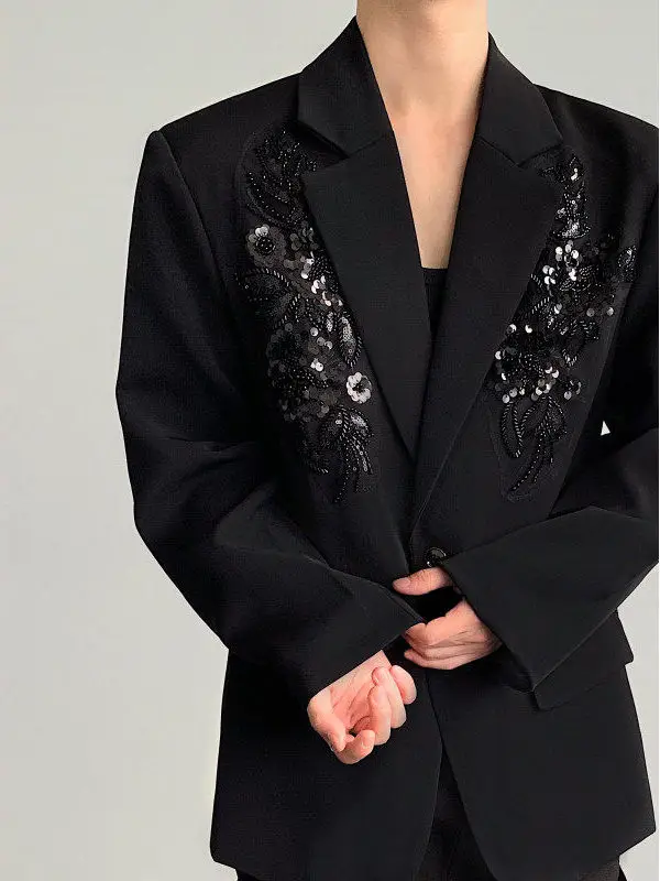 

Ele Bla Embroidered Design oulder Pad Suit Jaet Men's High-End Loose Fit Sle Casual Faion Polyester Fiber