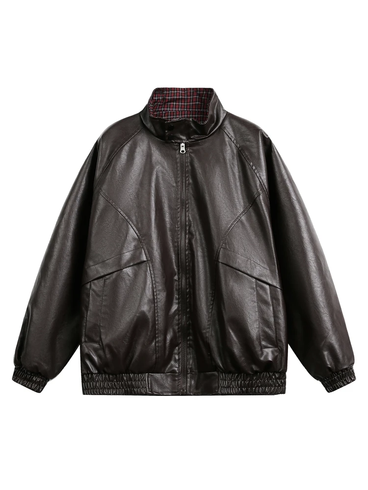 

Devilray Retro Double-Sided PU Leather Motorcycle Jaet Stand Collar Loose Versatile Haome Flight Coat Spring Autumn