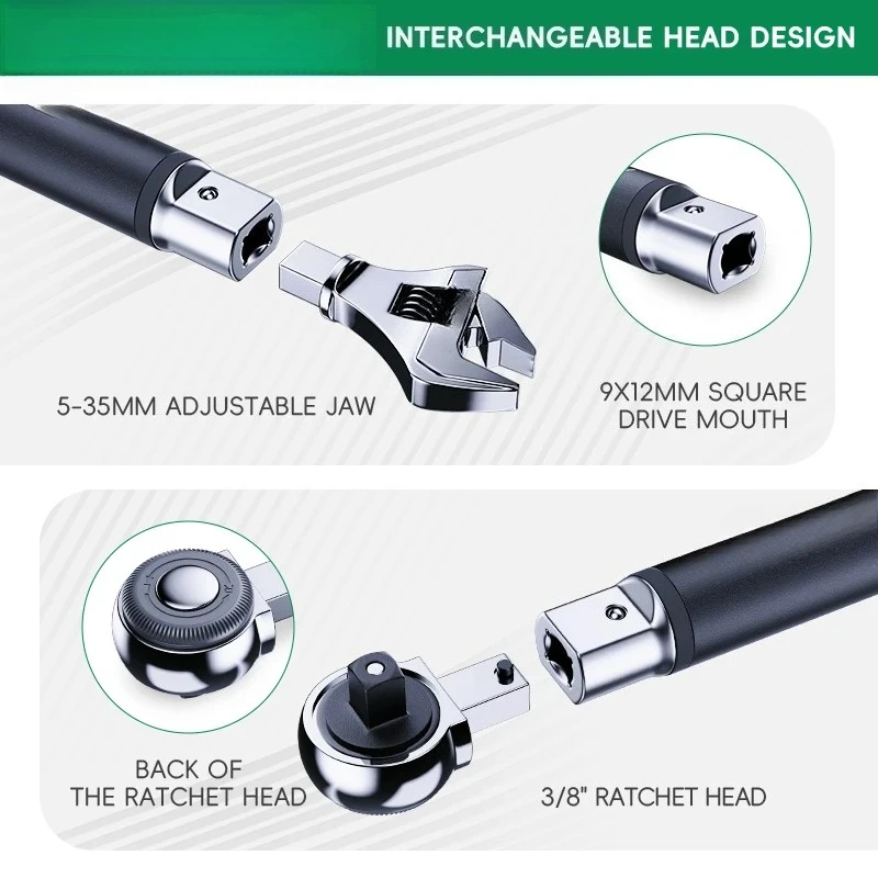 Digital Torque Wrench with Interchangeable Heads-Precision Adjustable Torque Wrench with Ratchet  Adjustable Open-End