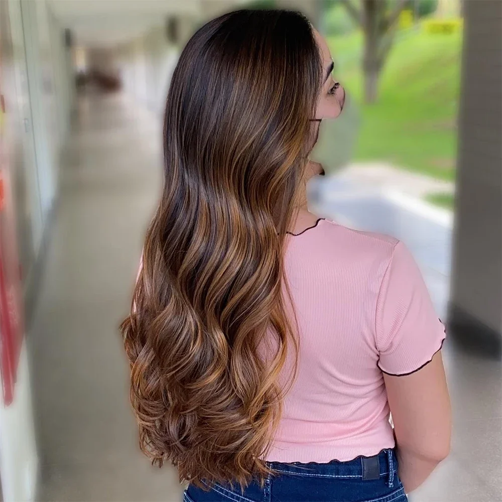 Onda Do Corpo Longo Peruca De Cabelo Humano, Ombre Marrom, Laço HD, Cabelo Europeu, Pré-arrancado Diário, Longo, Base De Seda, 30 ", 5x5