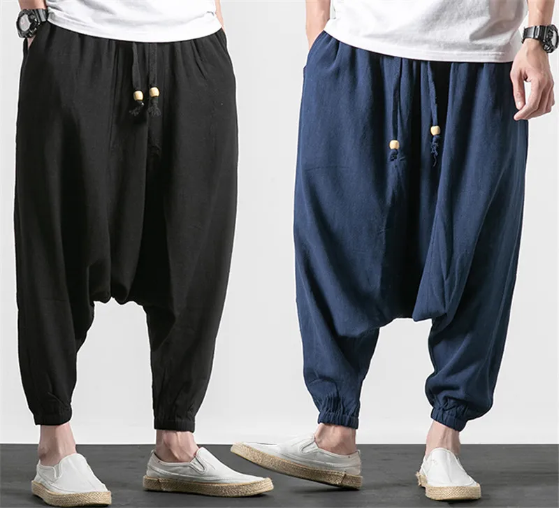 M-6XL 7XL حجم كبير الرجال القطن الكتان السراويل موضة 2025 الخريف طويل عبر السراويل الصيف الهيب هوب الرقص السراويل أسود غاري الأبيض