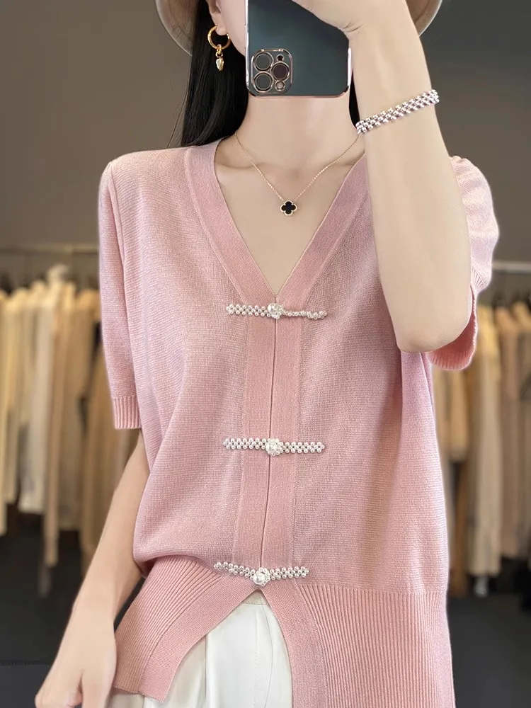 

Ele V-Ne Knitted Wool Silk ort Sve T-irt Women's Faion Spring Summer Commute Sle Regular Length Pure Color