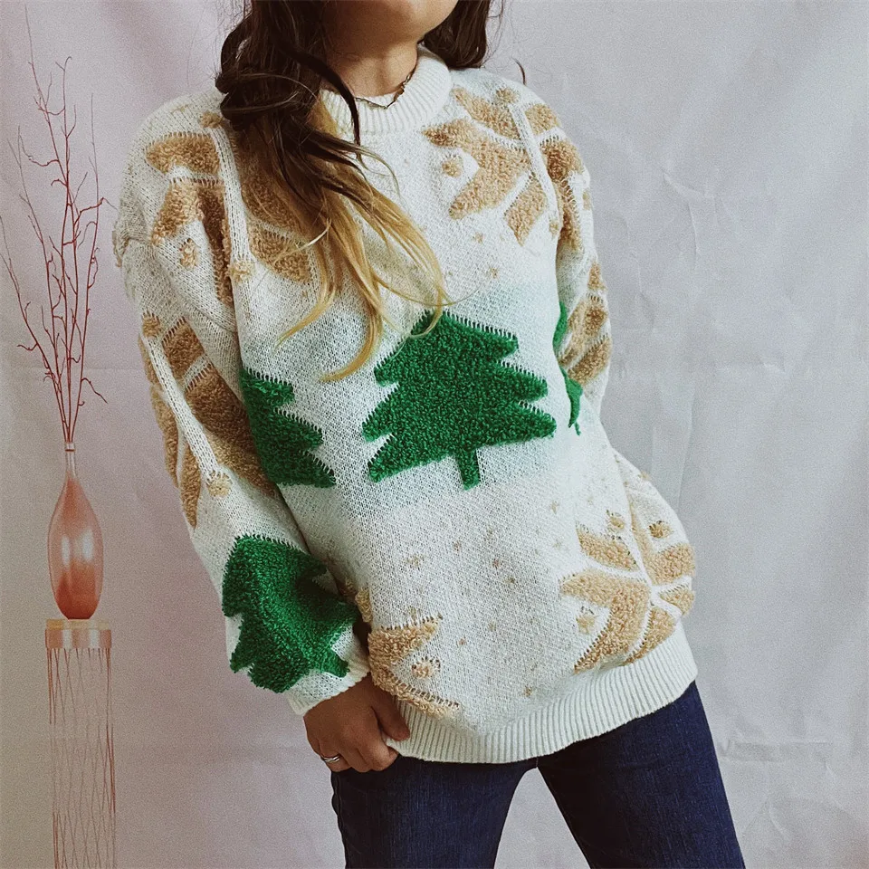 New Elegant Sweater Woman Festive Stylish Christmas Tree Print Evening Party Versatile Sweater Roupas De Inverno Feminina Mulher