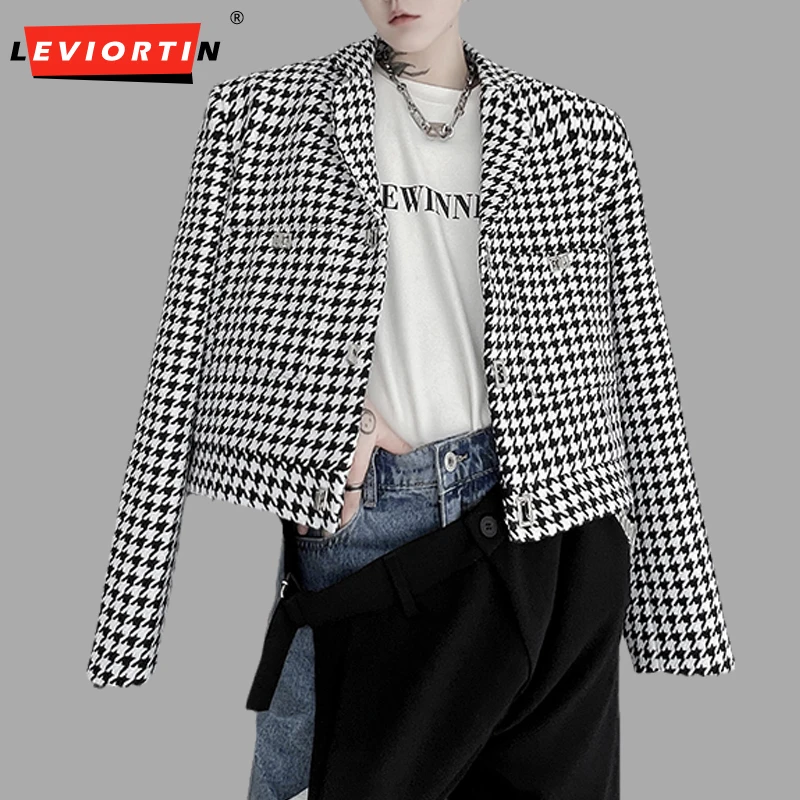 Men Casual Blazers Flat Lapel Long Sleeve Metal Decoration Loose Streetwear Trend Unisex Thousand Bird Checker Crop Suit Coats