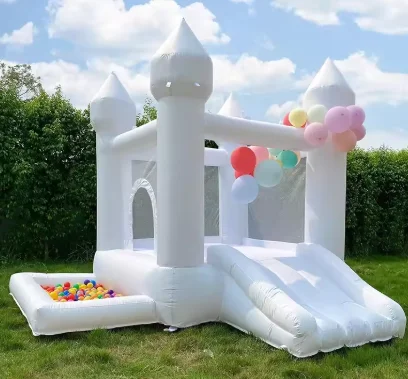 Witte springkasteel voor kinderen 10x10x8ft, zachte speelruimte met glijbaan, ballenbak, feestaanpassing, opblaasbaar mini springkasteel voor binnen en buiten.