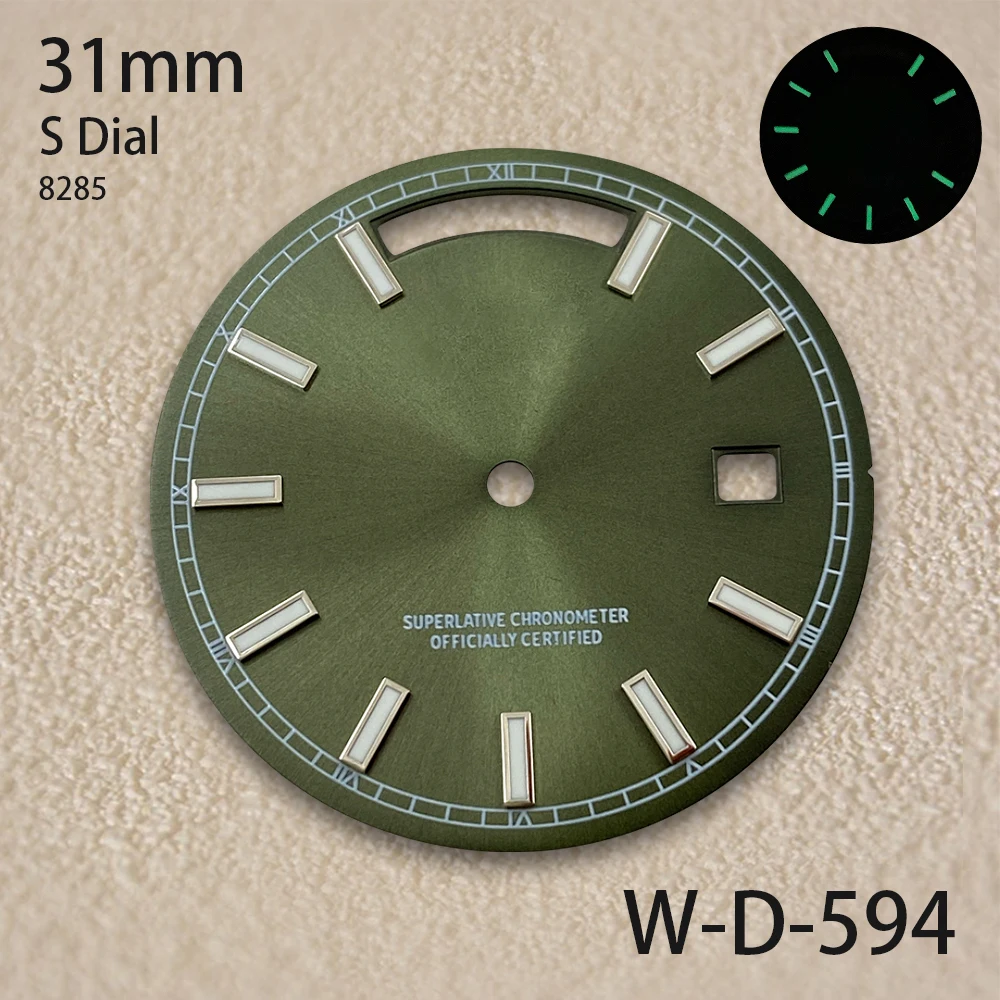31mm  S Dial Day And Date Dial Fit 8285 Movement Green Luminous Sunray High-Quality Dial Watch Modification Accessories