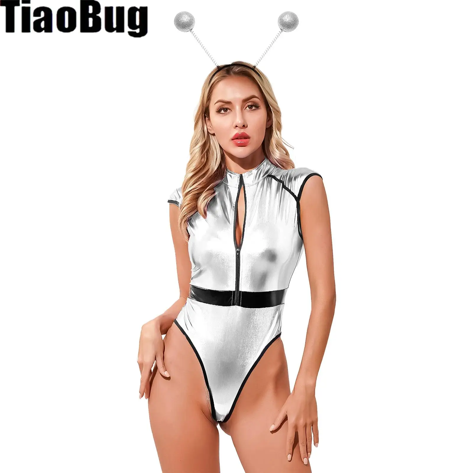 Womens Alien Rollenspel Sets Ritssluiting Body Kapmouw Hoge Cut Lakleer Catsuit met Haarhoepel voor Halloween