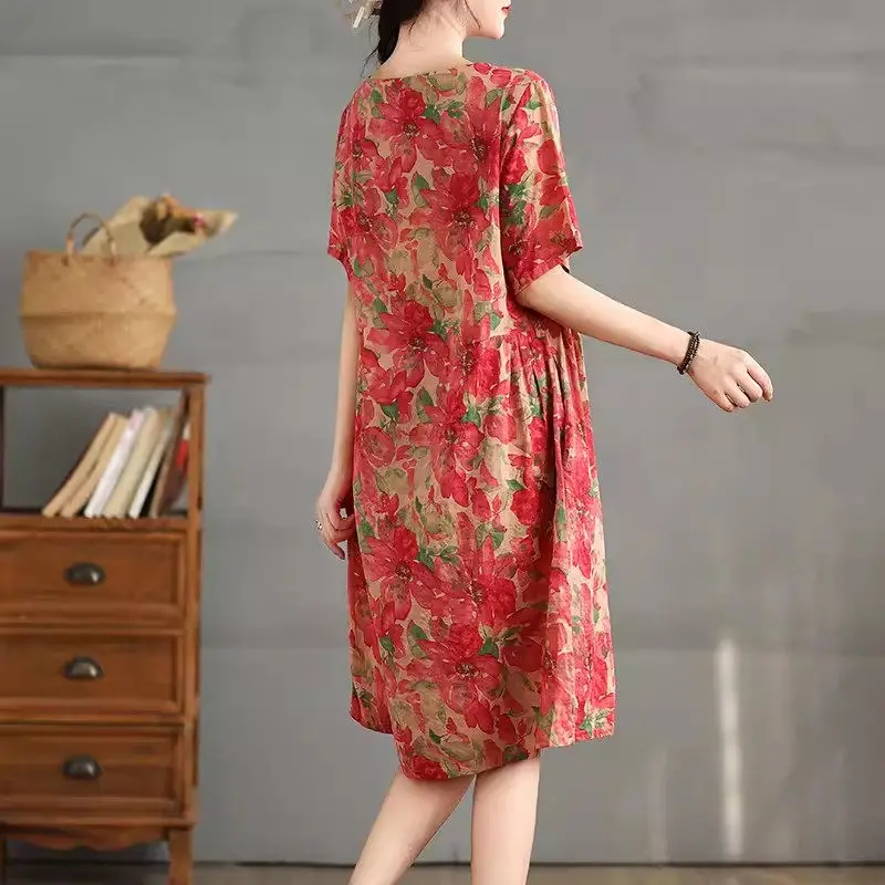 Artistic Casual Loose Versatile Cotton And Linen Dress For Women Short Sleeve 2024 Summer Clothing Printed Vestidos K2018