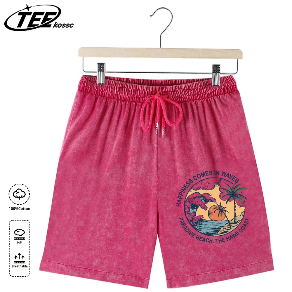 

Happiness Comes In Waves Printing Man Summer Casual Washed Short Pants Breathable Cotton Pants All-Match Oversized Shorts