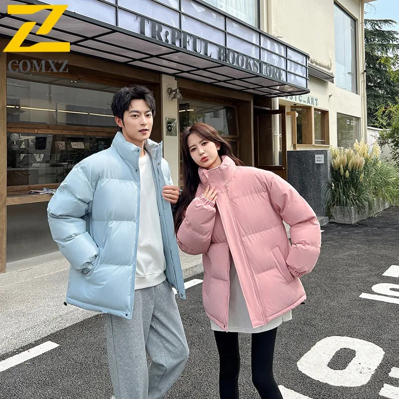 COMXZ 2025 Winter Mens Loose Fit Stand Collar Solid Color Puffer Jacket Short Warm Coat Casual Outwear  lightweight windbreaker