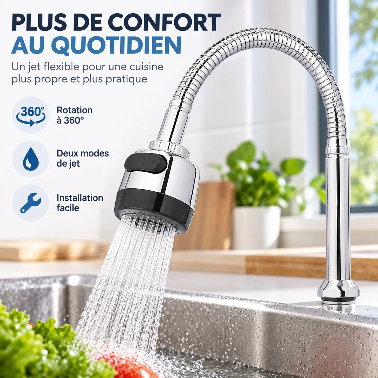 Estensione flessibile da 48 cm per rubinetto da cucina, con rotazione a 360 gradi e doccetta portatile a due modalità di erogazione, aeratore regolabi